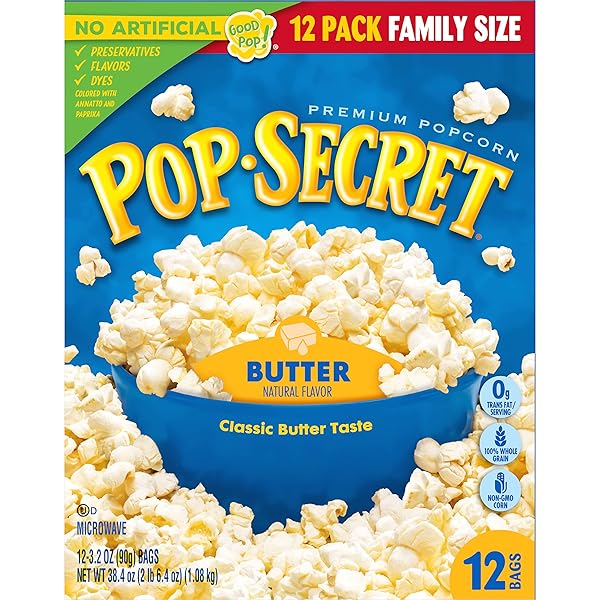 POP SECRET BUTTER MICROWAVE POPCORN 12CT (3.2OZ BAGS), 38.4OZ BOX (PACK OF 1)