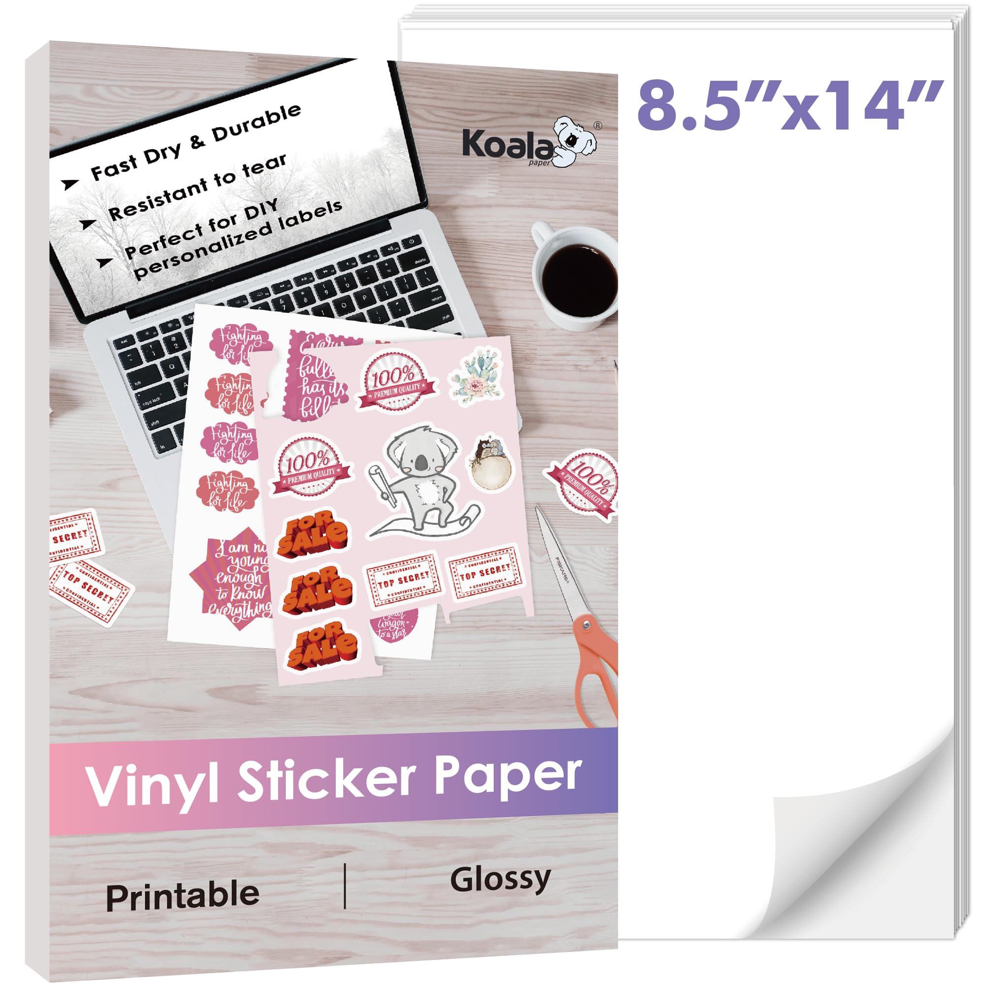 Photo 1 of Koala Printable Vinyl Sticker Paper for Inkjet Printers, 8.5x14 Inch 20 Sheets Glossy White Water-Resistant Adhesive Label Paper - Tear-Resistant, Removable
