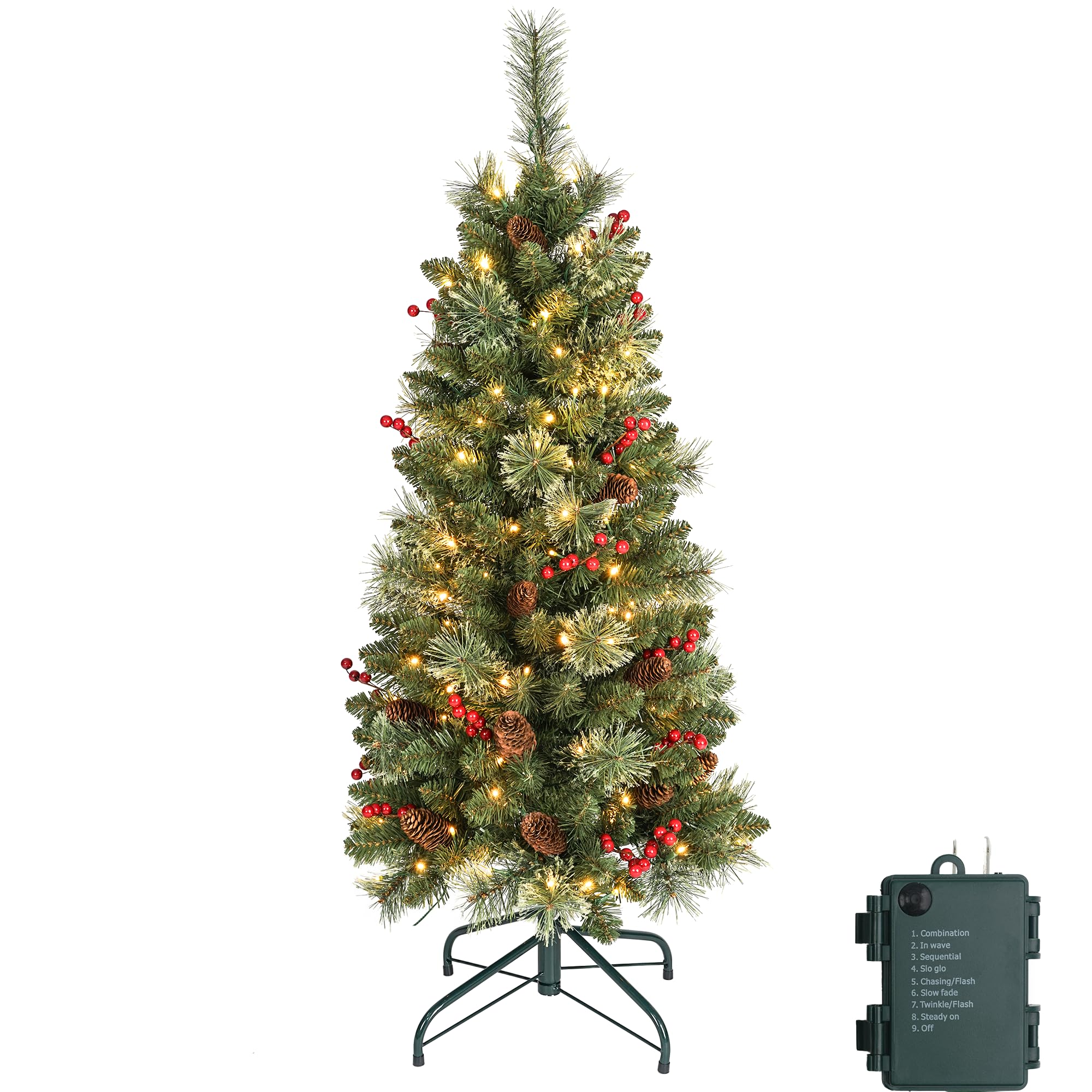 Photo 1 of 4 ft Prelit Christmas Tree with 70 LED Lights Battery Opreated, 230 Branch Tips & Metal Stand Red Berries & Pine Cone Slim Pencil Christmas Decoration Tree for Indoor and Outdoor Narrow Space
