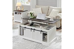 Aitjunz 46" Fluted Lift Top Coffee Table with Sliding Door, Modern Center Table w/Adjustable Storage Shelf & Hidden Compartment, Coffee Table Converts to Dining Table for Living Room, Office (White)