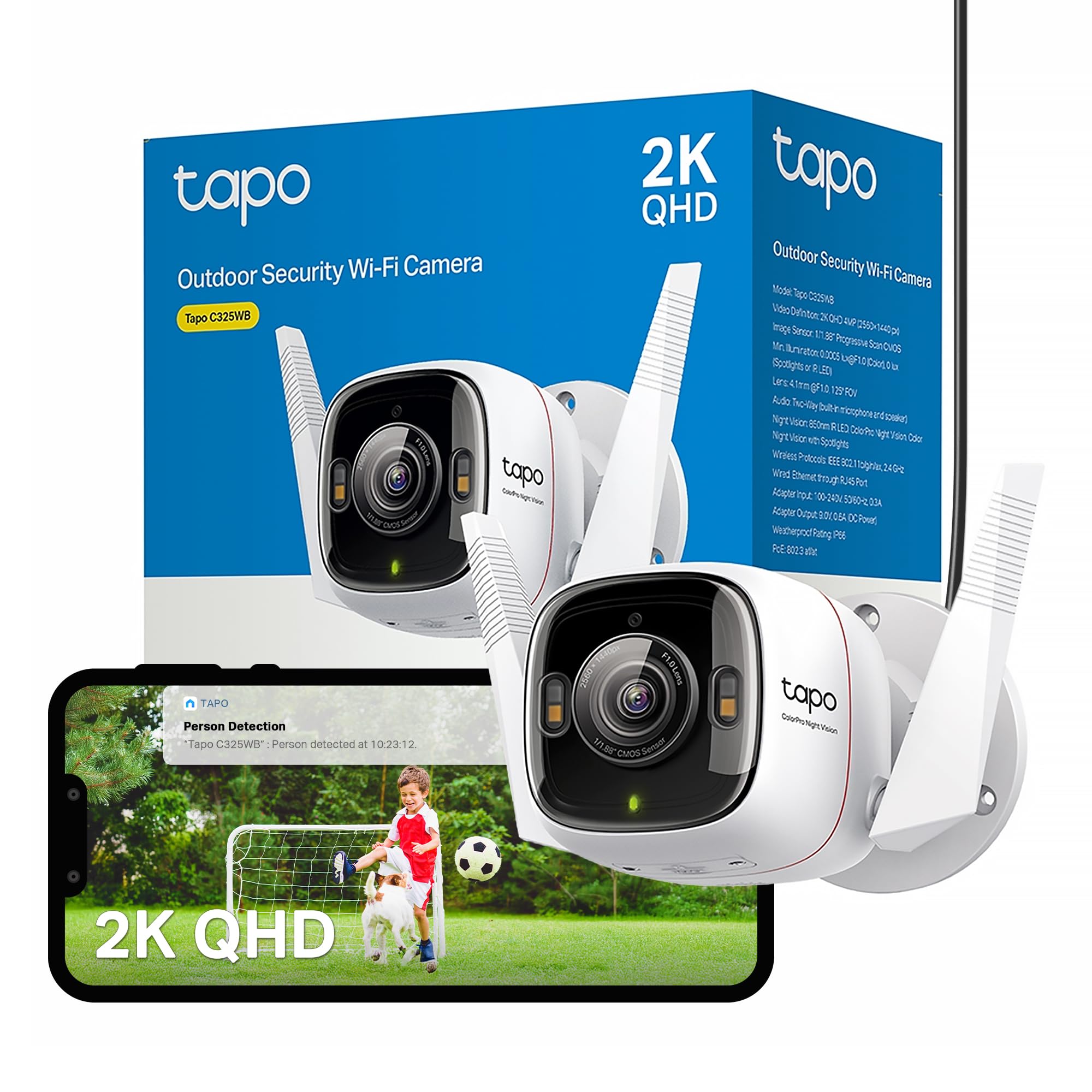 Tapo C325WB 2K QHD Security Camera Outdoor Wireless & Wired, F1.0 Super-aperture Lens, No Monthly Fee, AI Detection, ColourPro Night Vision, IP66, Energy Saving, Works with Alexa & Google