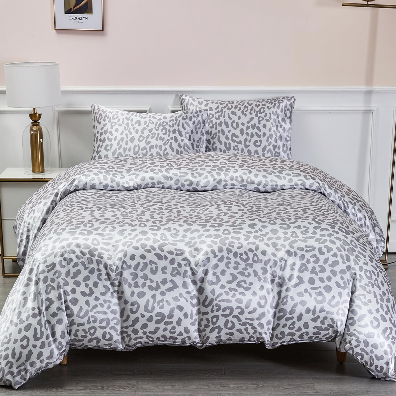 DuShow Satin Duvet Cover Set King,Grey Leopard 3 Piece Satin Bedding Set (1 Duvet Cover + 2 Pillowcases),Soft Silky Cooling Comforter Cover Set(Leopard,King)