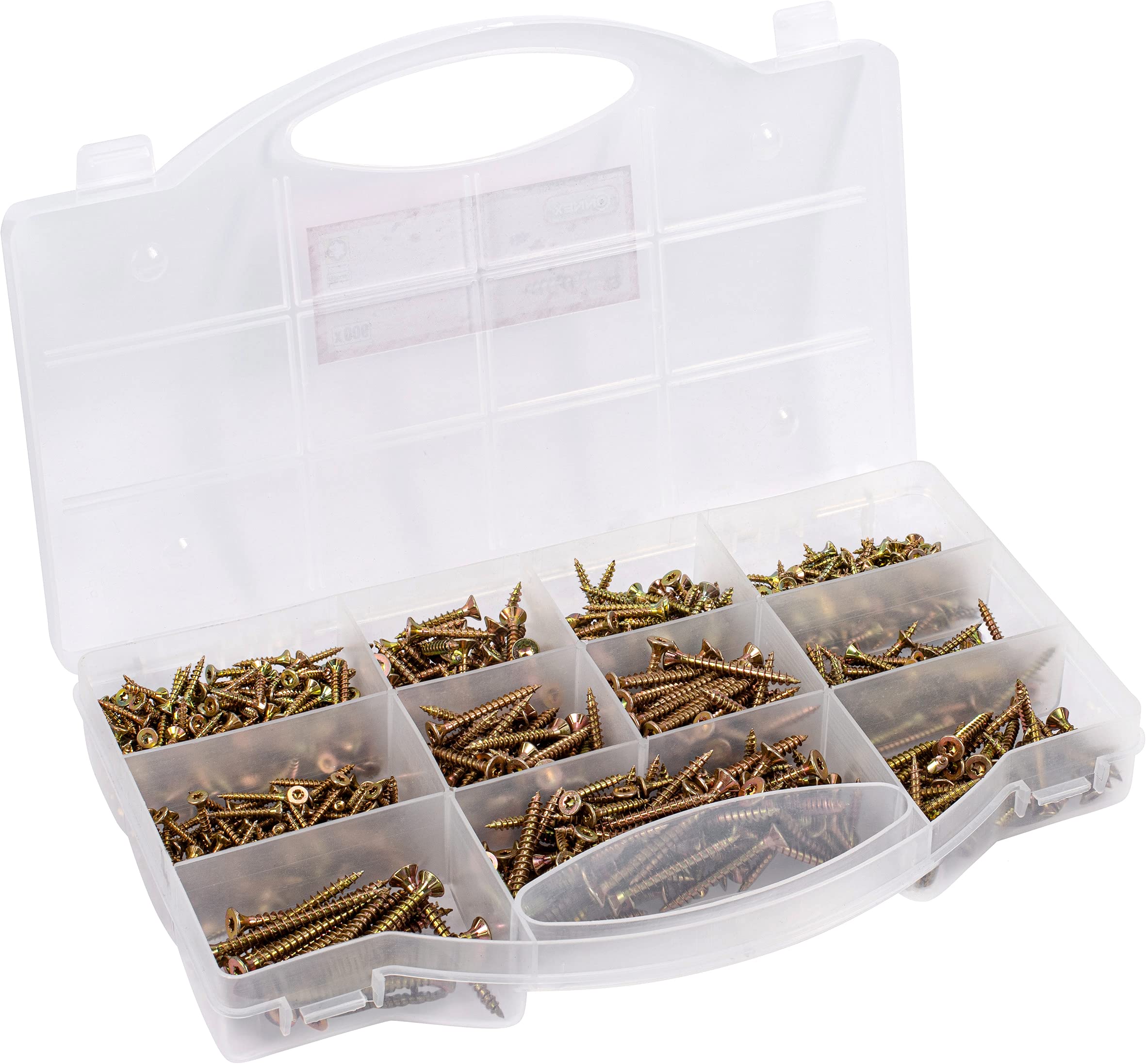 Connex DP8500130 Universal Screw Assortment 900 Pieces Various Sizes Countersunk Head TX Drive Full Thread Yellow Galvanised Screw Set Assortment Box