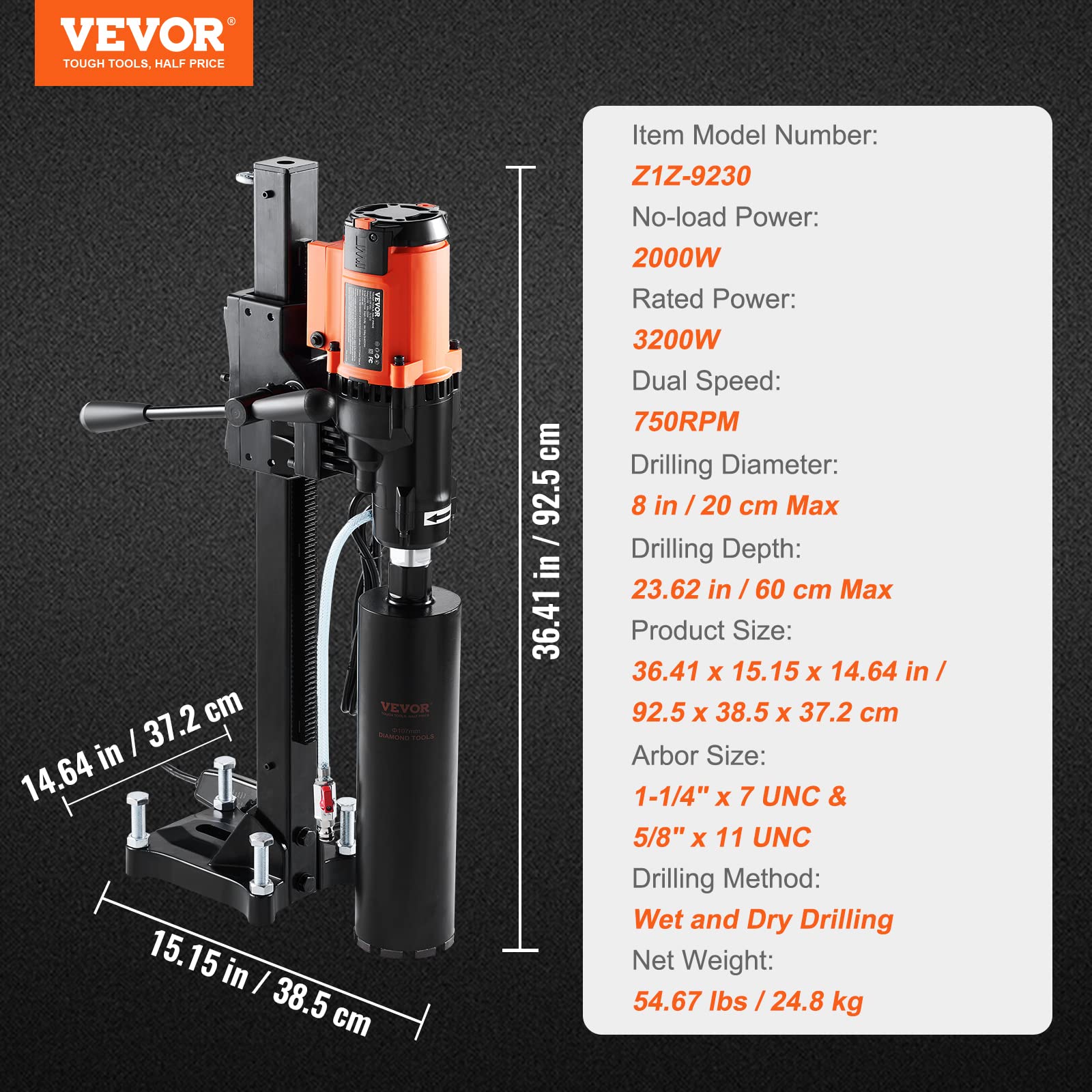 VEVOR Diamond Core Drilling Machine, 8in Wet&Dry Concrete Core Drill Rig with Stand, 750RPM Speed & 1-1/4