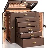 AKOZLIN Large 6-Tier Jewelry Box Organizer Functional Huge Lockable,5 Drawers Leather Jewelry Storage Case for Women Girls Ring Necklace Earring Bracelet Holder Organizer with Mirror Brown