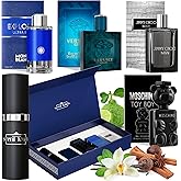 Scentown Mens Cologne Gift Sets Mini Bottle – Designer Mens Cologne Sampler Sets with Empty Refillable Atomizer – Box Includes Versace, Moschino, Mont Blanc, Jimmy Choo Travel Size (0.17 Oz Each)