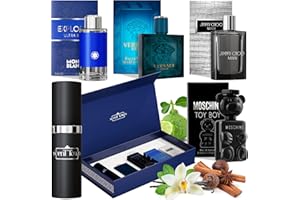 Scent Town Mens Cologne Gift Sets Bundle Mini Bottle – Designer Mens Cologne Sampler Sets with Refillable Atomizer – Box Includes Versace, Moschino, Mont Blanc, Jimmy Choo Travel Size (0.17 Oz Each)