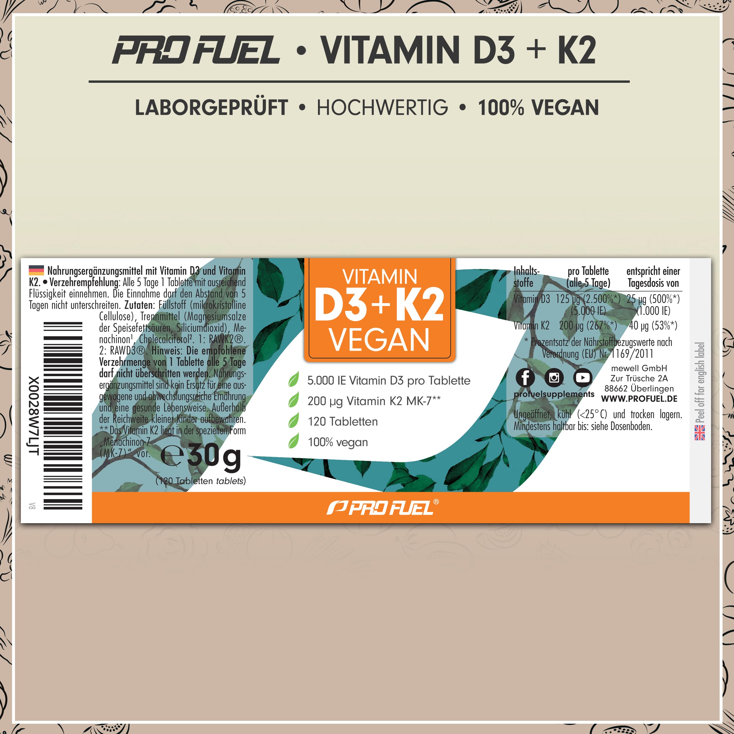 Vitamin D3 K2 VEGAN - 120 Tabletten mit 5000 IE D3 + 200 mcg K2 (MK7) - Vitamin D3 optimal hochdosiert und vegan - reicht für 19 Monate - laborgeprüft mit Zertifikat 6
