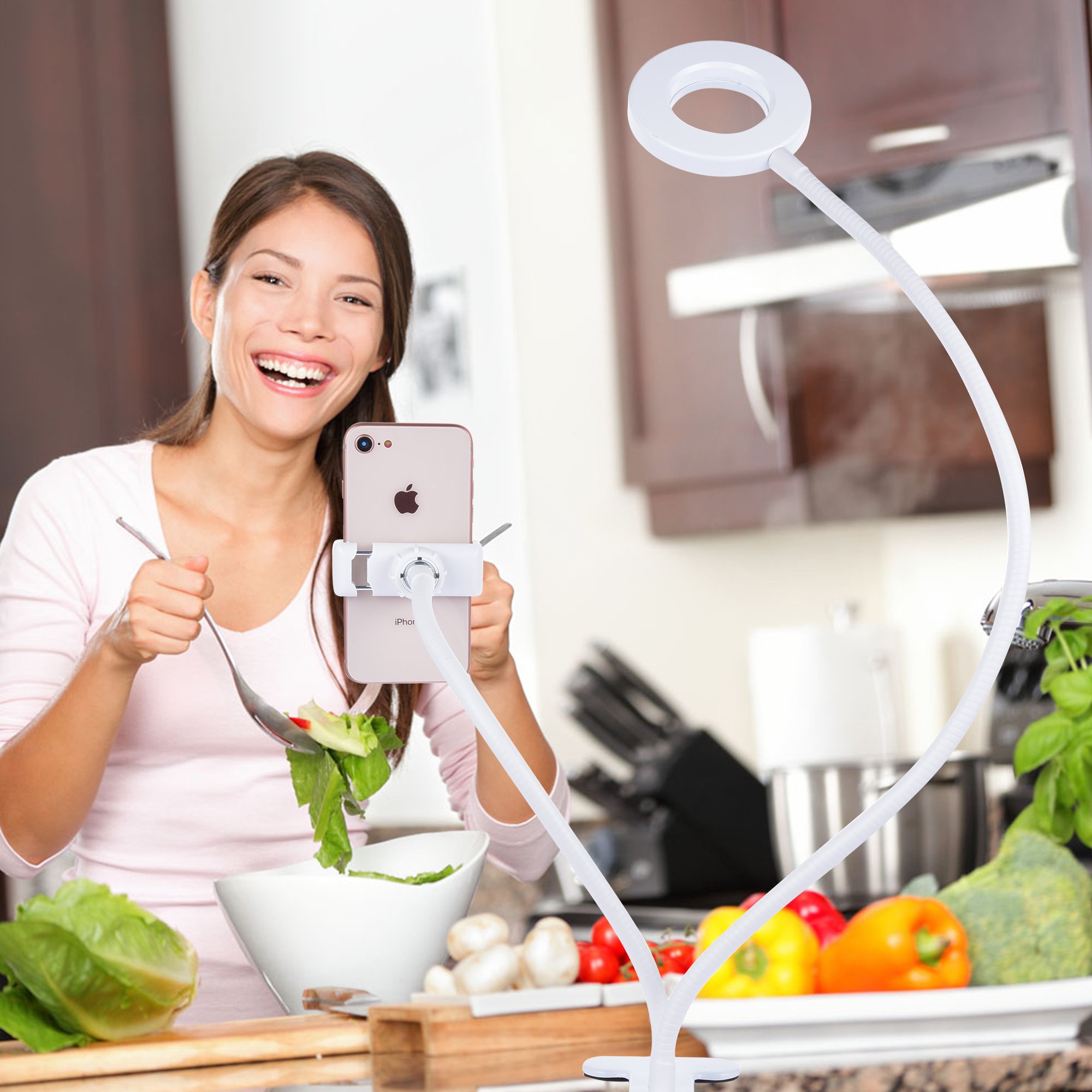 Selfie Ring Light with Cell Phone Holder Stand,OUNIER 48 LED Live Stream and Makeup [3-Light Mode] [10-Level Brightness] With 360 Rotating Long Arms for iPhone, Android Phone Desk Lamp [Energy Class A+] (White)