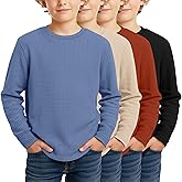 LessonZoo 4 Pack Boys Long Sleeve Shirts Crewneck Kids Waffle Knit T Shirts Toddler Boy Thermal Casual Tops Tees 5-14 Years