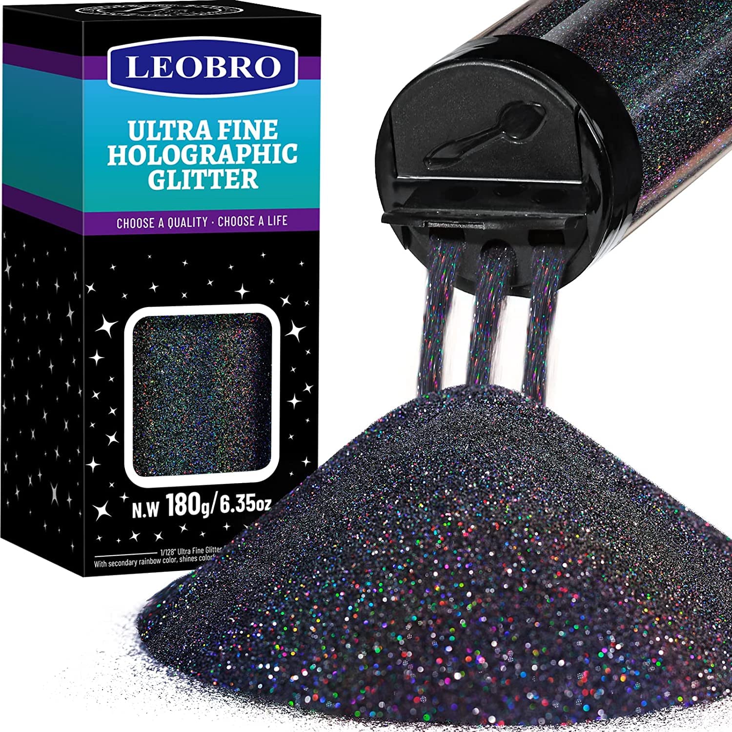 180G/6.35OZ Holographic Ultra Fine Glitter, 1/128" Resin Glitter Powder Sequins Flakes, Hair Face Body Nail LEOBRO Metallic Iridescent for Tumblers Art Crafts, Black