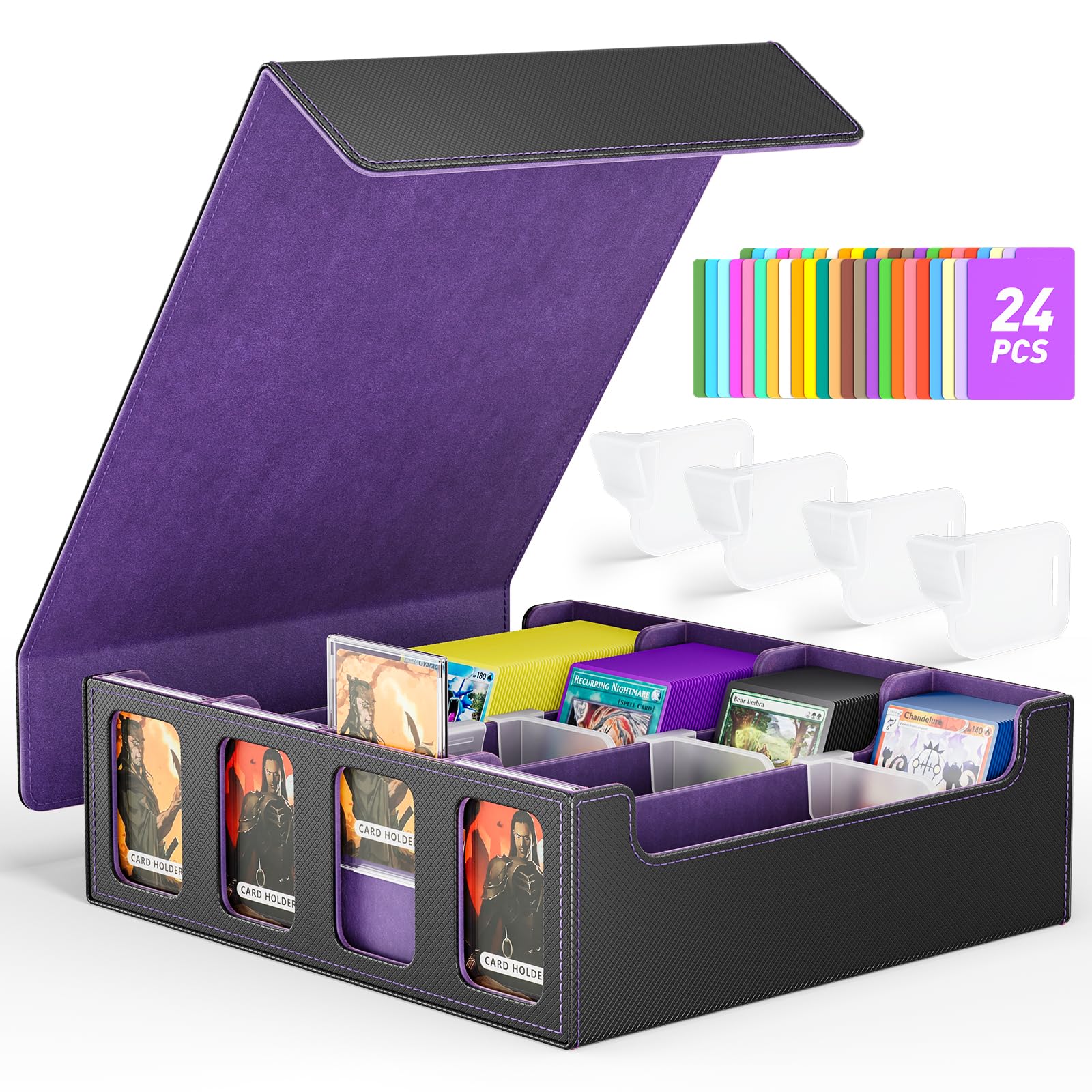 Hot Bee Yugioh Deck Box, Quartuple Trading Card Storage Box Holds 2400+ Cards for Yugioh, TCG, Magic the Gathering, Commander Cards, Playing Card Case PU Leather Magnetic Closure, Purple