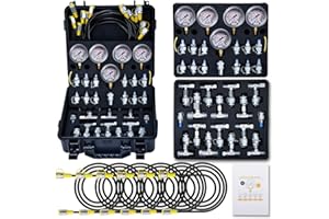 GRYVOZE Hydraulic Pressure Test Kit - 5 Gauges (150-10000 PSI), 13 Couplings, 14 Tee Connectors with Markings, 6 Hoses + Extension Adapter (Reach 10.8 ft), for Excavators, Loaders, Hydraulic Machinery