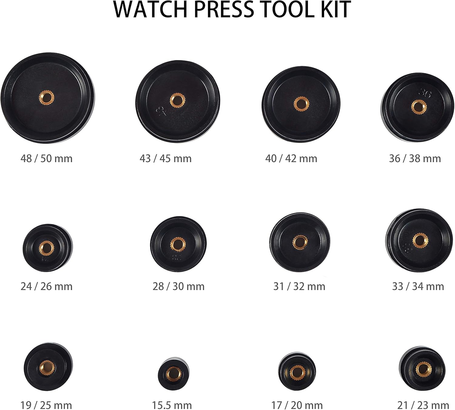 Jivan Watch Press, Professional Watch Repair Kit Watch Back Case Closer Battery Replacement Tools with 12 Fitting Dies for Watchmaker Black, 13 Piece: Watches