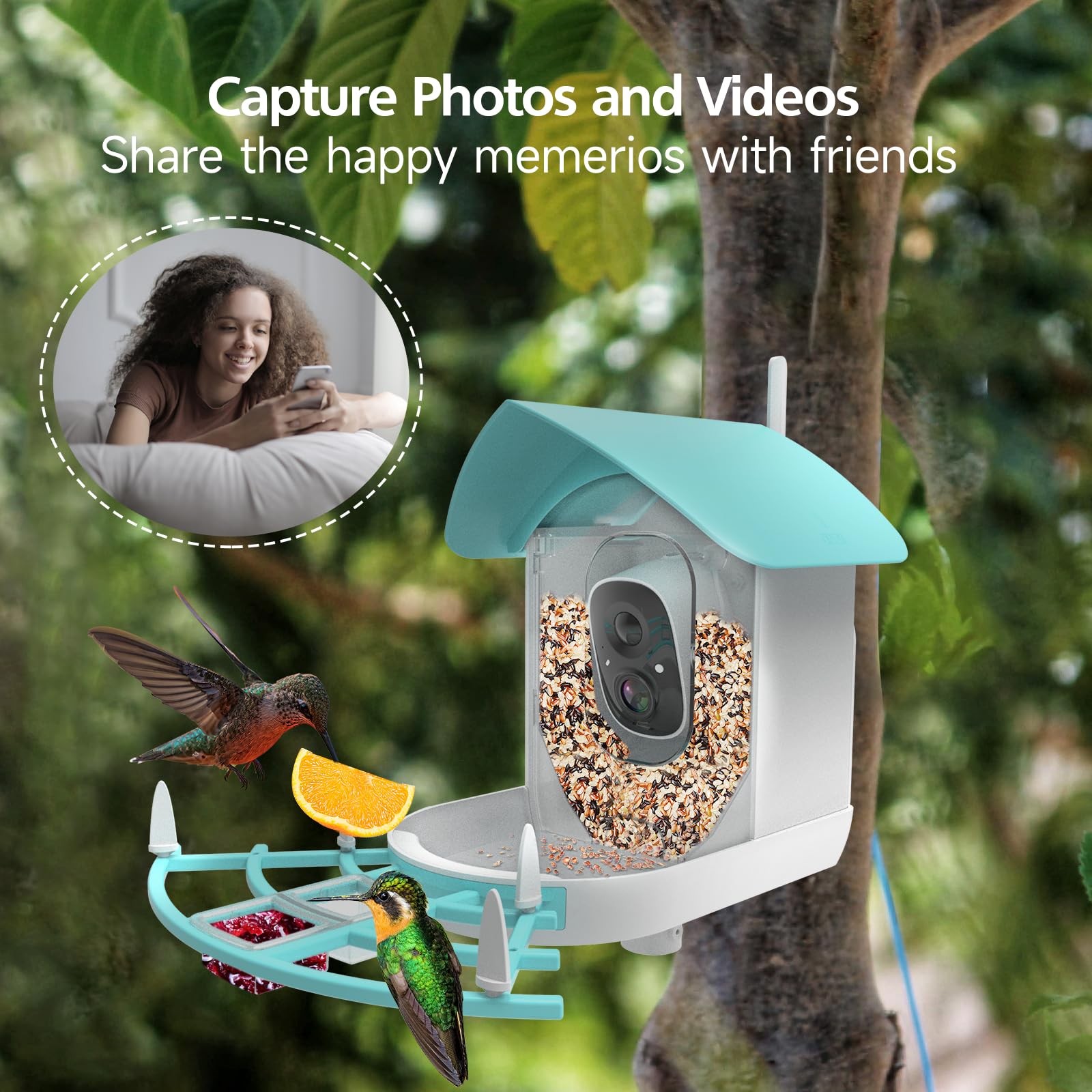 Gyozol Smart Bird Feeder with Camera,AI Identify Birds Breed,Solar Powered WiFi FHD 2K Live View Camera,Auto Capture Video,Backyard Garden Bird Watching,Motion Detection,Cloud and SD Card Storage,Blue