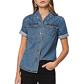 Allegra K Women's Denim Shirt Short Sleeve Button Down Notched Collar Western Pocket Classic Jean Shirt