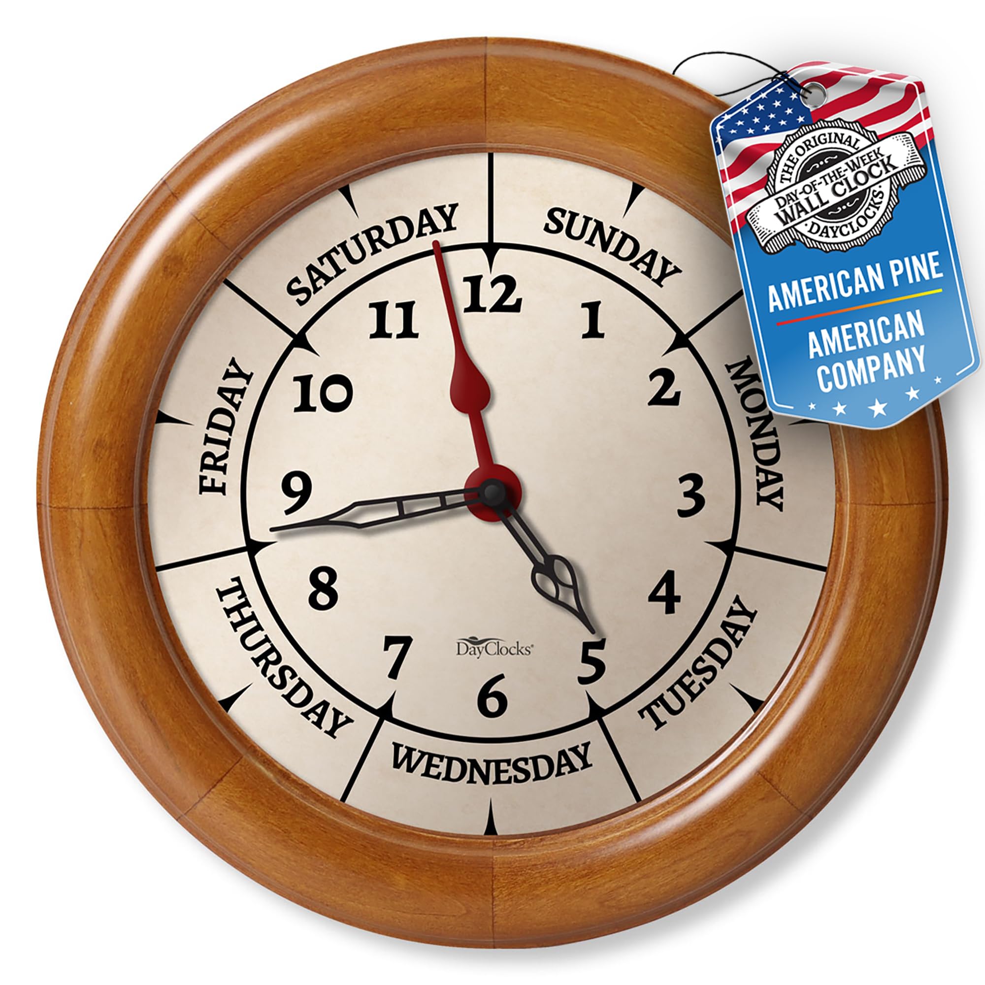 DayClocks Time & Week-Day Wall Clock with Solid Wood Frame – Weekly Analog Clock with Days, Hours & Minutes – Quiet Wall Mounted Clock - Ideal Retirement Gift for Men & Women, Pine Wood, 10"
