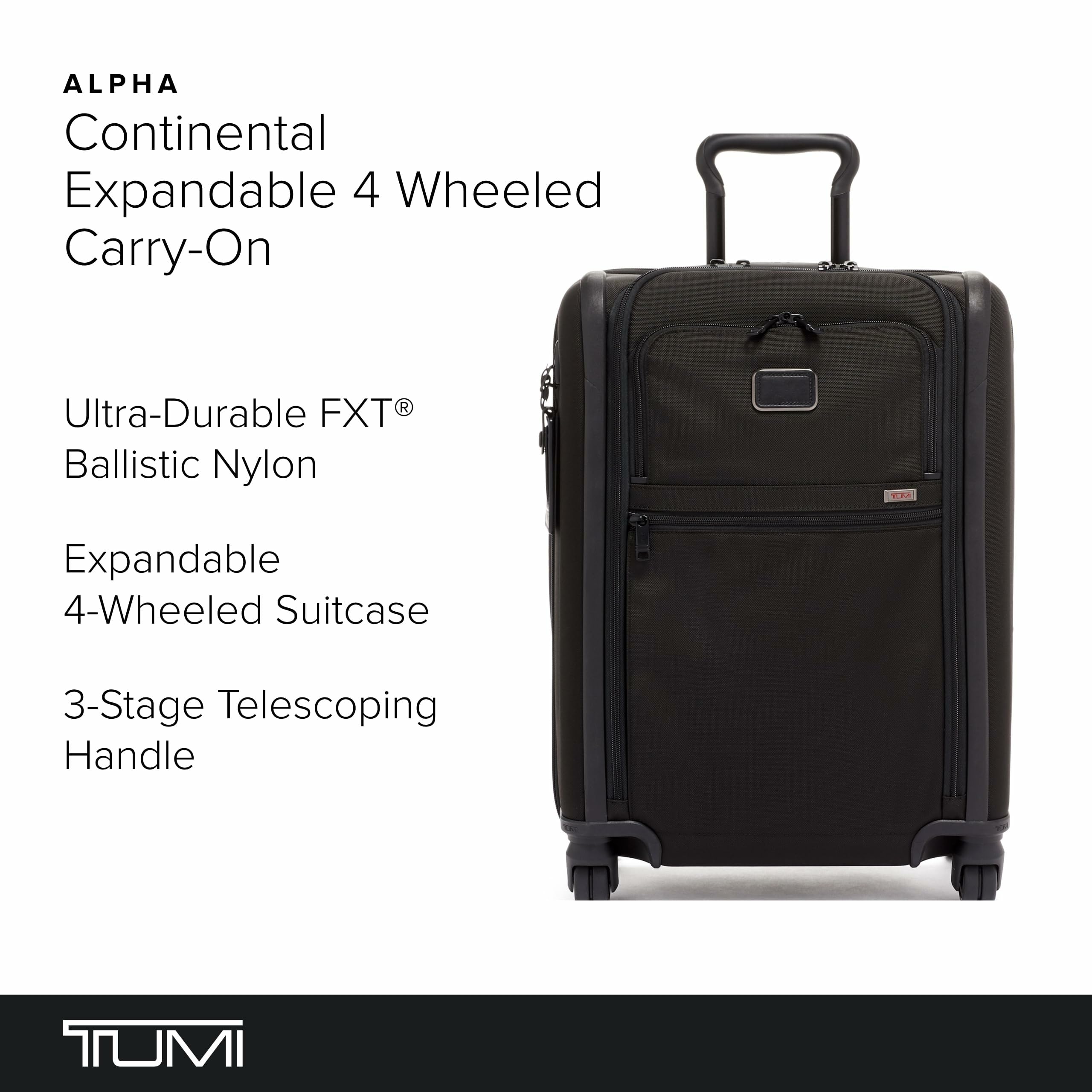 TUMI Alpha Continental Expandable 4-Wheeled Carry-On Luggage - Compact Travel Suitcase - TSA Lock Tracer - Black