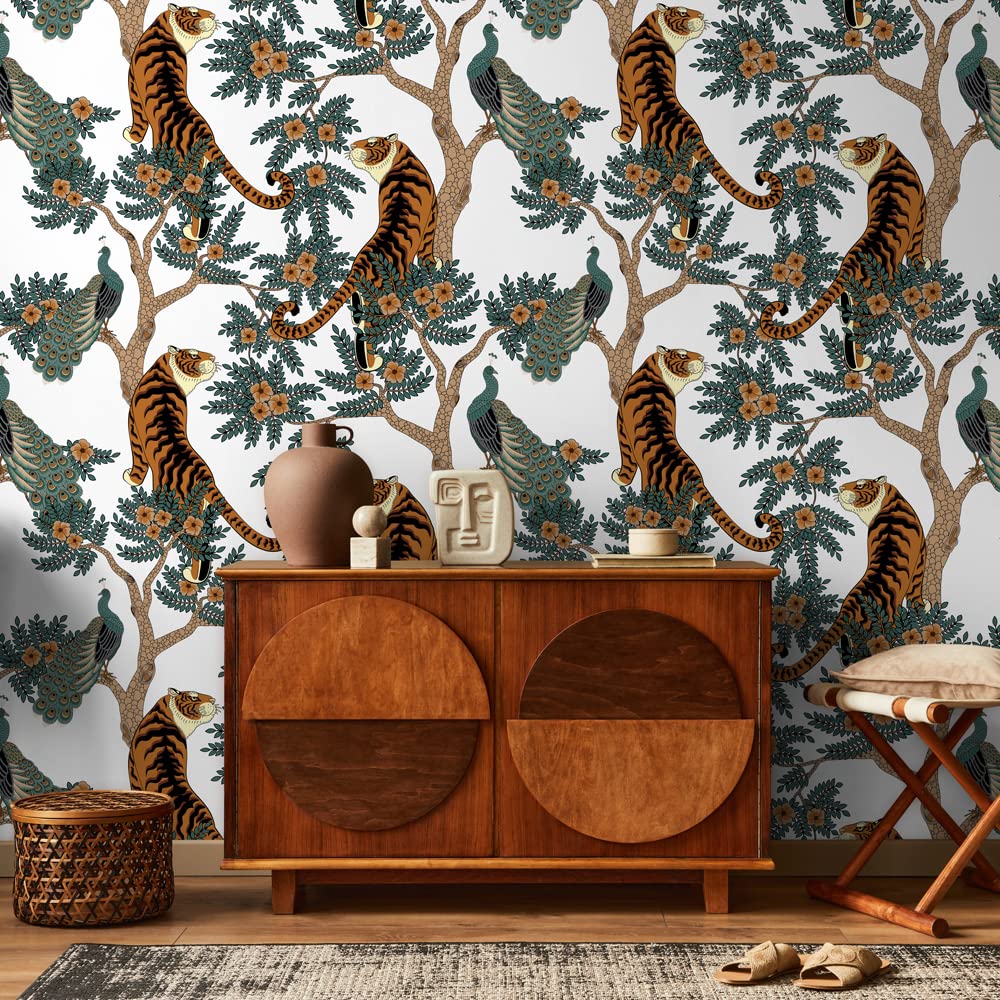 CPF0003-N TNT wallpaper Tiger & Peacock remodular 8 sheets 100x70 cm horizontal Size 200x280 cm Cover 5.6 sqm Very easy to apply for beginners Bathroom Kitchen Bedroom