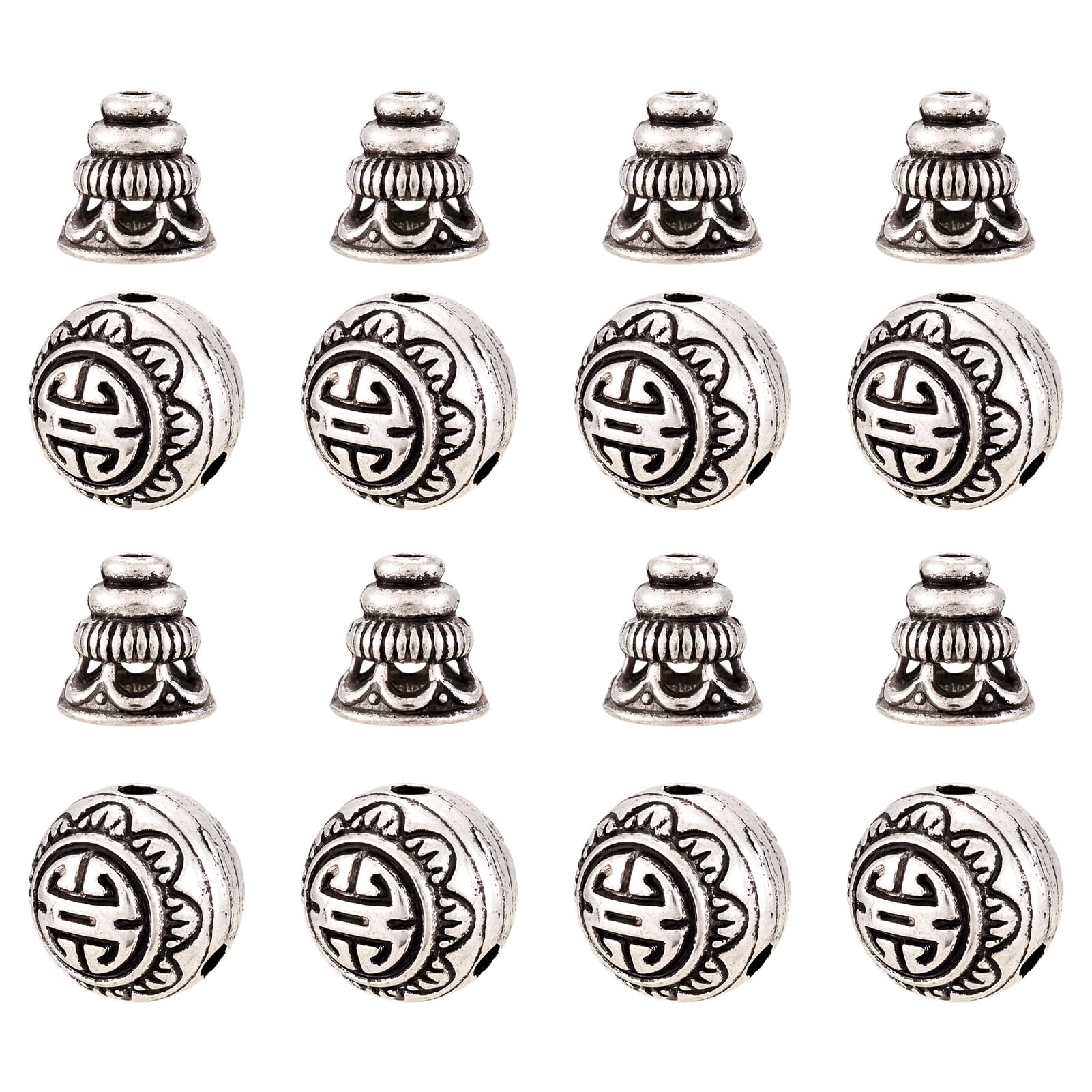 PandaHall 10 Sets 3-Hole Guru Beads 10mm Antique Silver Buddha Head Beads Cap for Jewelry Making