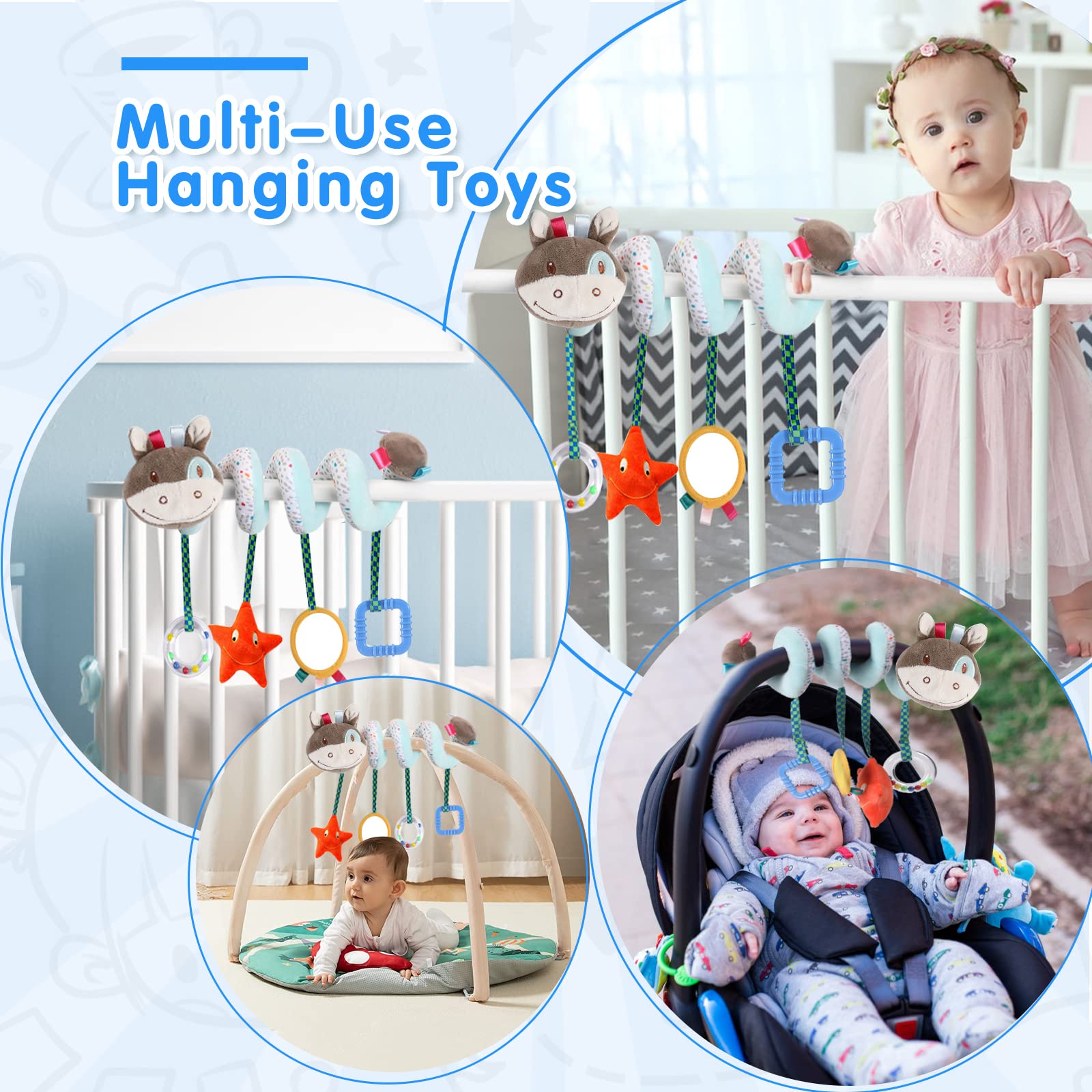 XIXILAND Car Seat Toys for Babies 0-6 Months, Stroller and Infant Toys 0-3 Months, Newborn Brain Development Crib Hanging Toys With Mirror, Rattles, and Teether