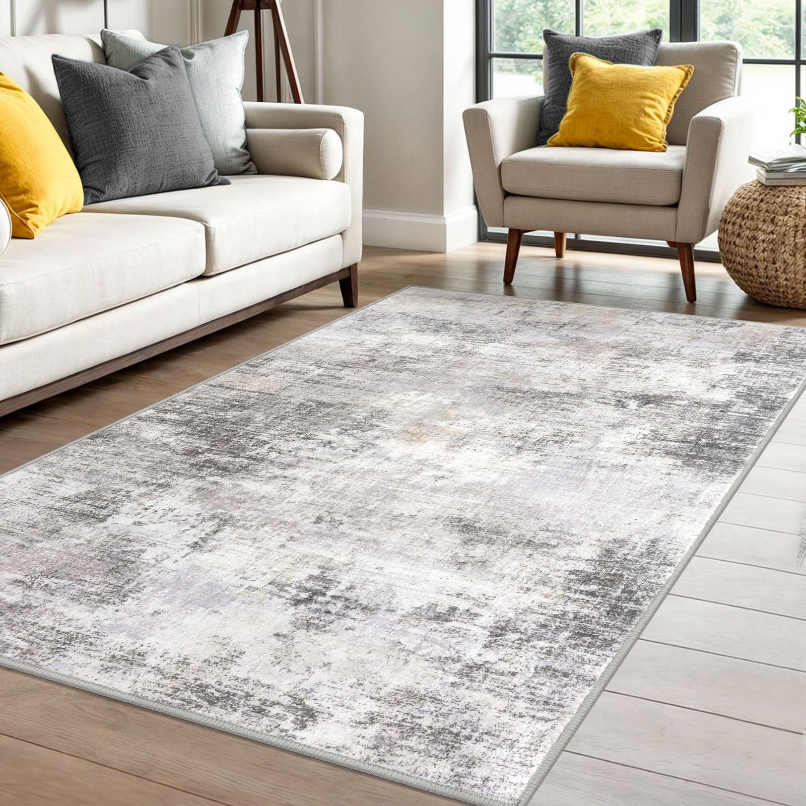 Photo 1 of IOHOUZE Abstract Area Rug 4x6 Ft Washable Rugs for Entryway Indoor, Non Slip Small Living Room Rugs Printed Faux Wool Throw Rug, Floor Carpet for Kitchen Nursery Playroom, Grey Beige