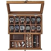 SONGMICS 12-Slot Watch Box, 2-Tier Watch Display Case with Large Glass Lid, Removable Watch Pillows, Velvet Lining, Jewelry B