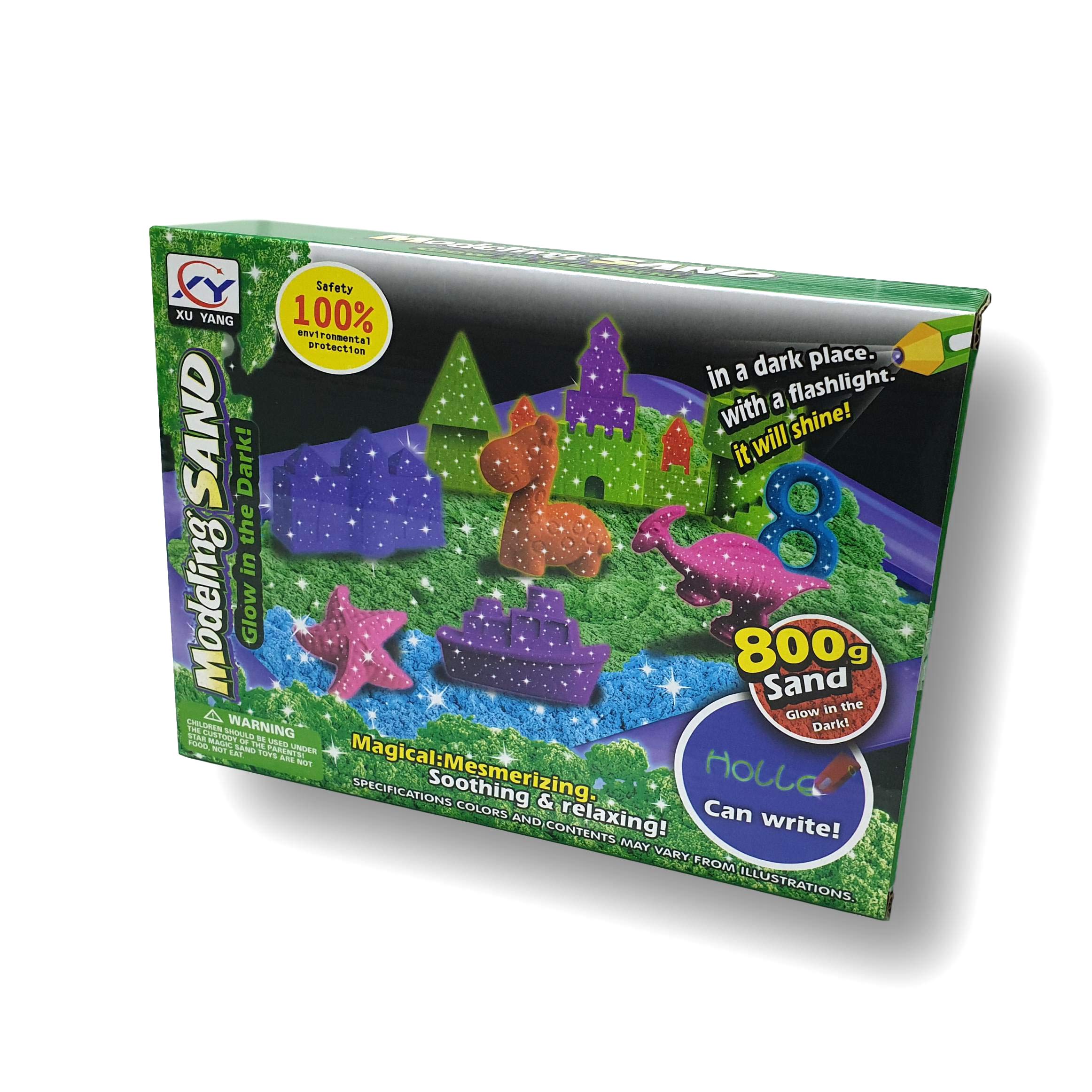 Phosphorescent magic sand for modeling. 800 gr. 2 Colors. With 6 dinosaur moulds and 8 marine animal moulds. Includes shovel, rake and inflatable game tray.