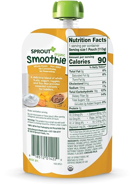 SPROUT ORGANIC TODDLER SMOOTHIE, PEACH BANANA W/ YOGURT, 4 OUNCE POUCH (PACK OF 6)
