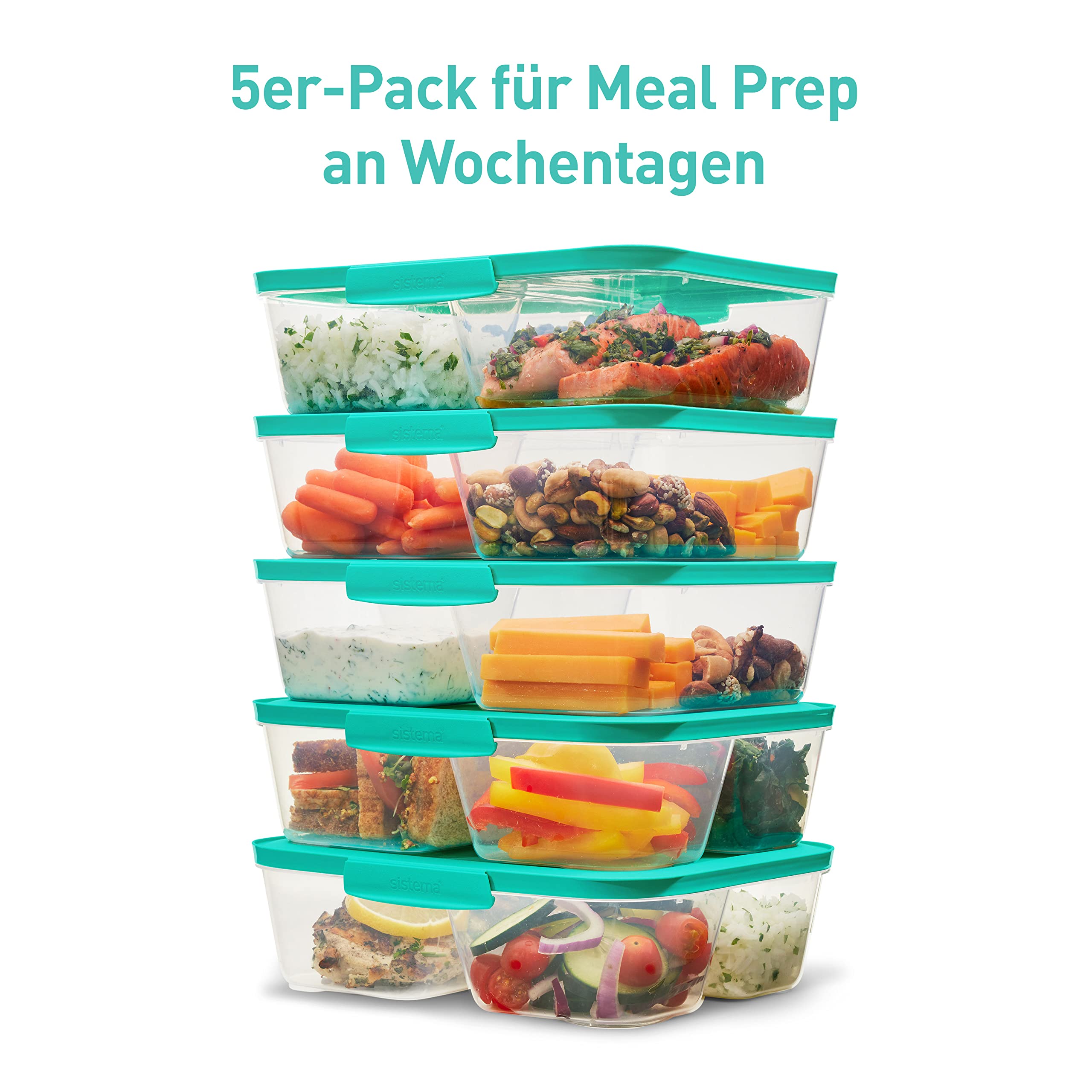 Sistema Nest IT Frischhaltedosen Meal Prep Boxen | 1,9 l luftdichte Vorratsdosen mit DREI Fächern und Deckeln | Grün | 5 Stück 5