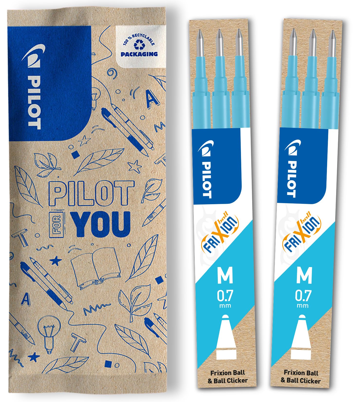 Pilot FriXion Refills 0.7 - Pack of 6 - Light Blue Colour - FriXion Erasable Ink Refills - Compatible with FriXion Ball & FriXion Clicker 0.7 - Medium Strength - Gel Rollerball Refill