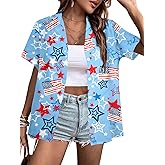 American Flag Shirt Women Patriotic Shirts 4th of July Tops USA Hawaii Floral Blouses Memorial Day Button Down Shirts