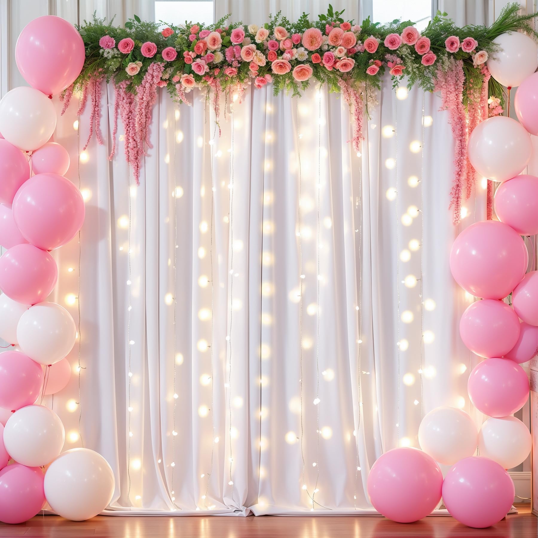 Photo 1 of 20x10FT White Backdrop Curtains with Lights for Parties,Wrinkle Free Wedding Photo Backdrop Curtains for Baby Shower Birthday Ceremony Reception Home Party Decorations-5ft x 10ft,4 Panels