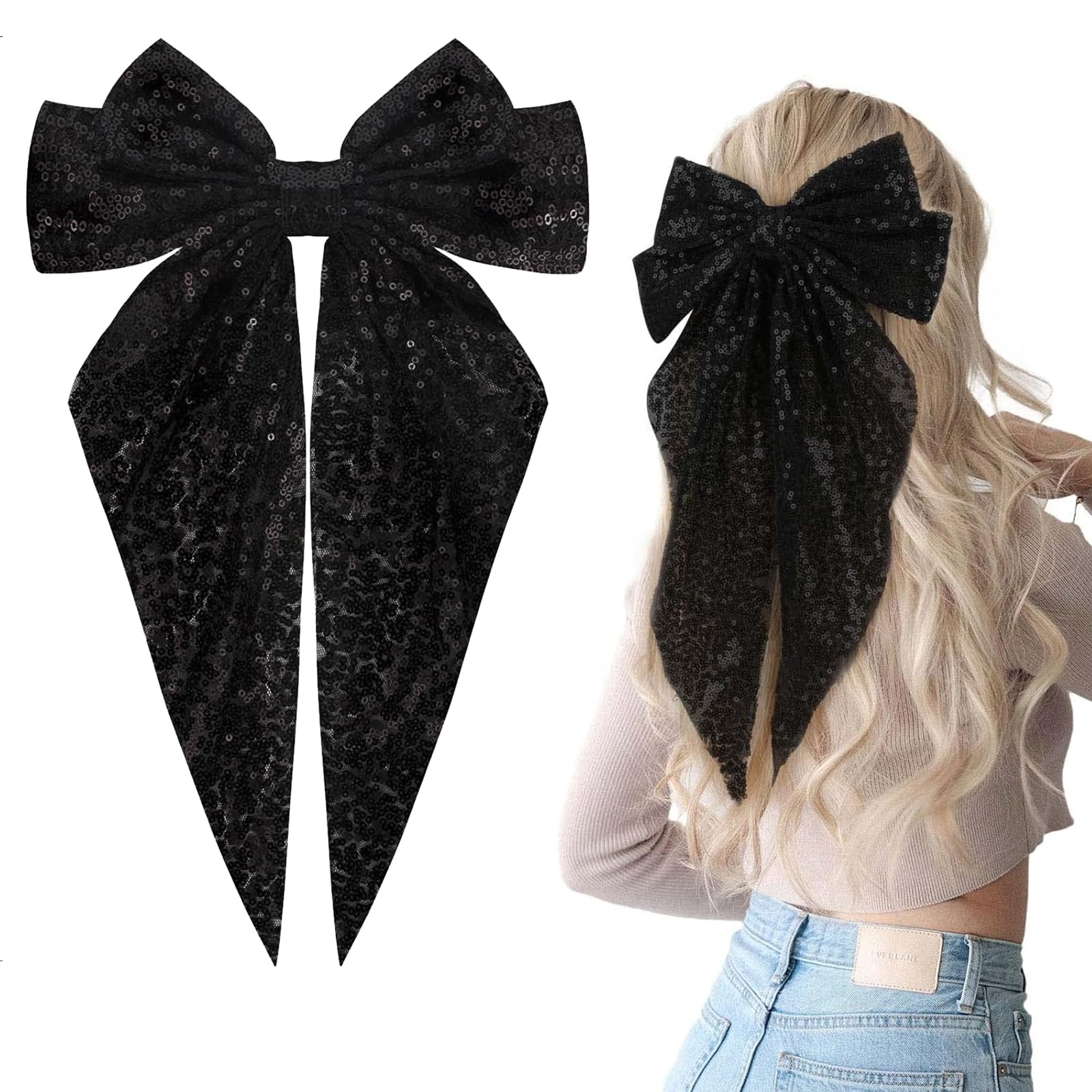Sequin Bow Hair Clip - Double Layered Bow Design with Sparkling Sequins - 90's Accessories for Party, Valentine's Day - Women, Girl (Black)
