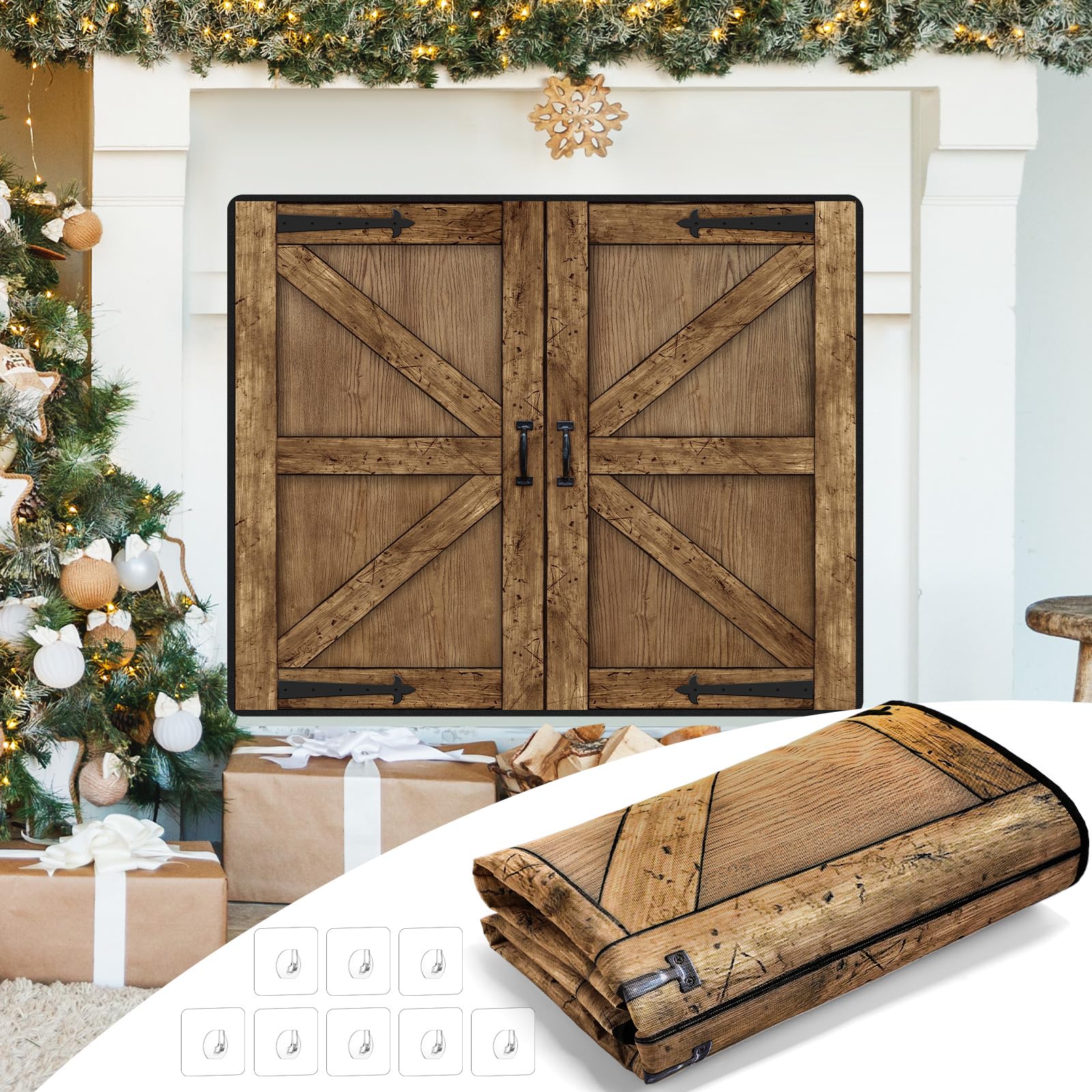 Photo 1 of Maasechs Fireplace Cover for Inside, Fireplace Blanket for Heat Loss, Rustic Wooden Door Pattern Draft Stopper with Hook for Winter Summer Insulated(Brown,39 x 32 Inch)