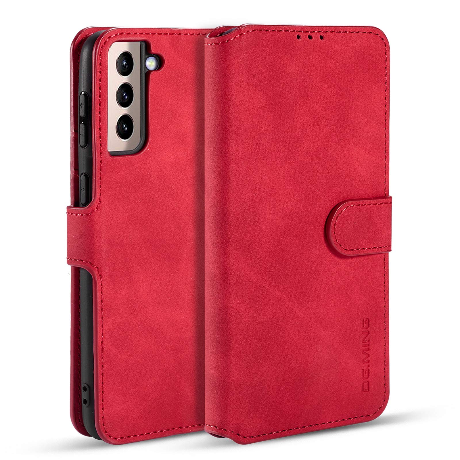 UEEBAI PU Leather Case for Samsung Galaxy S21 5G, Vintage Retro Premium Wallet Flip Cover TPU Inner Shell [Card Slots] [Magnetic Closure] Stand Function Folio Shockproof Full Protection - Red