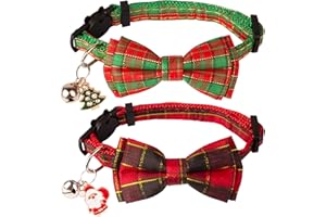 ADOGGYGO Christmas Cat Collars with Bow Bell, Breakaway Red Green Plaid Christmas Bowtie Collars for Girl Boy Cats Kittens