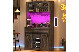 CHARTUSTRIABLE 72" Coffee Bar Cabinet w/Power Outlet,LED Lights,Farmhouse Large Kitchen Hutch w/Sliding Barn Door,Tall Bar Cabinets w/4 Drawers & Wine Glass Rack,Pantry China Cabinet for Home,Dark Rustic Oak