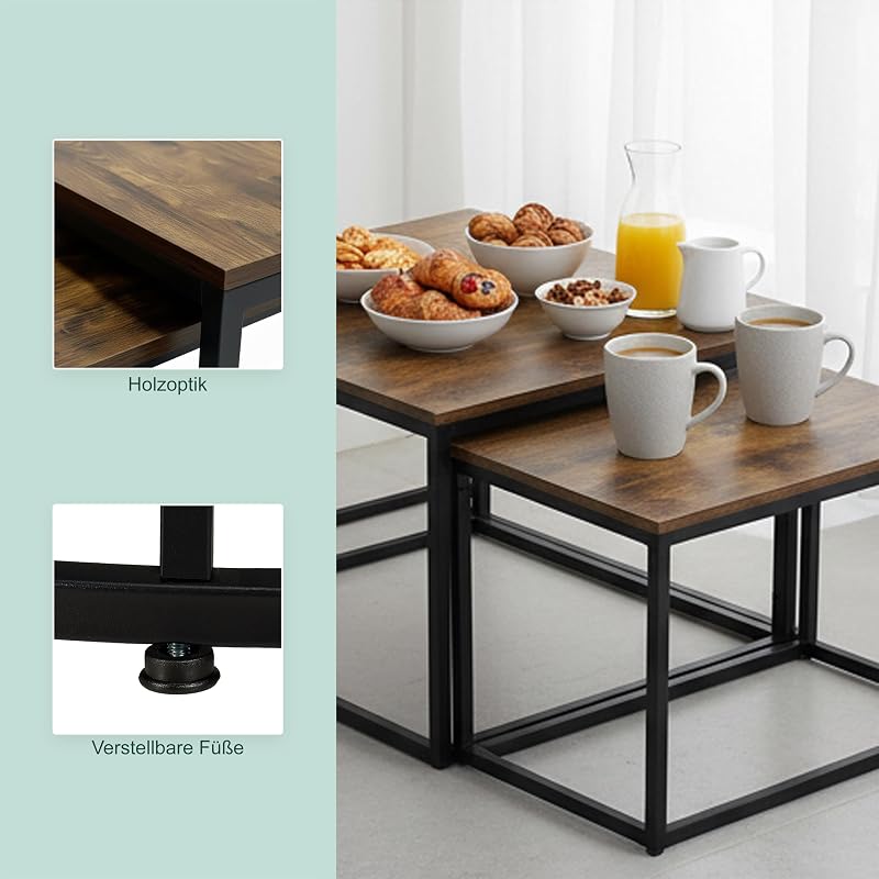 Satztisch 2er Set, Industrial Design, 65 cm & 75 cm, Holzoptik & Metall, eckige Beistelltische, braun/schwarz