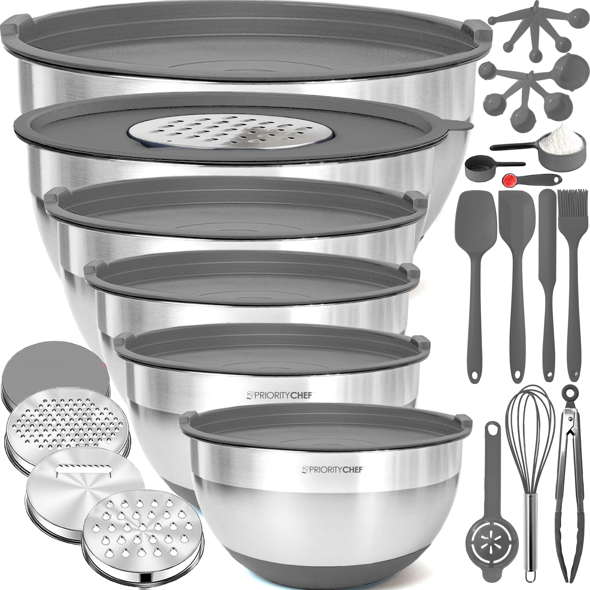 Priority Chef Stainless Steel Mixing Bowls with Lids Set - Premium 30Pcs with 6pc Metal Bowl Set for Kitchen, 3 Graters, Airtight Lids, Non-Slip Bases & Silicone Utensils, Grey Image Priority Chef Stainless Steel Mixing Bowls with Lids Set - Premium 30Pcs with 6pc Metal Bowl Set for Kitchen, 3 Graters, Airtight Lids, Non-Slip Bases & Silicone Utensils, Grey Image