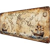 Vintage Map Mouse Pad World Ship Compass Antique Extended Mousepad Waterproof Stitched Edges Rubber Base Non-Slip Deskmap Computer Keyboard Mat Office Computer Keyboard Laptop Home 31.5x11.8 Inch