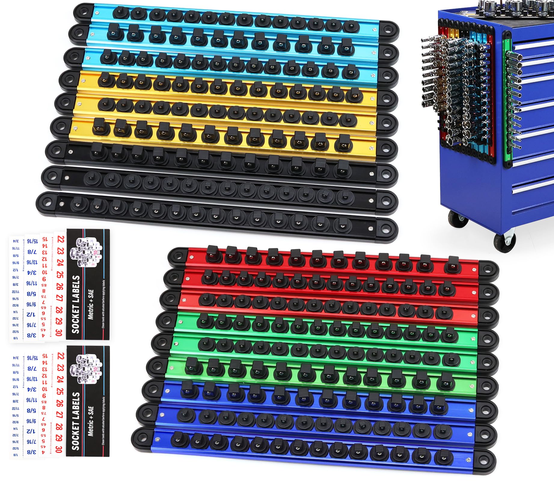 18-Piece Magnetic Socket Holder Organizer Set (Holds 240 Sockets ...