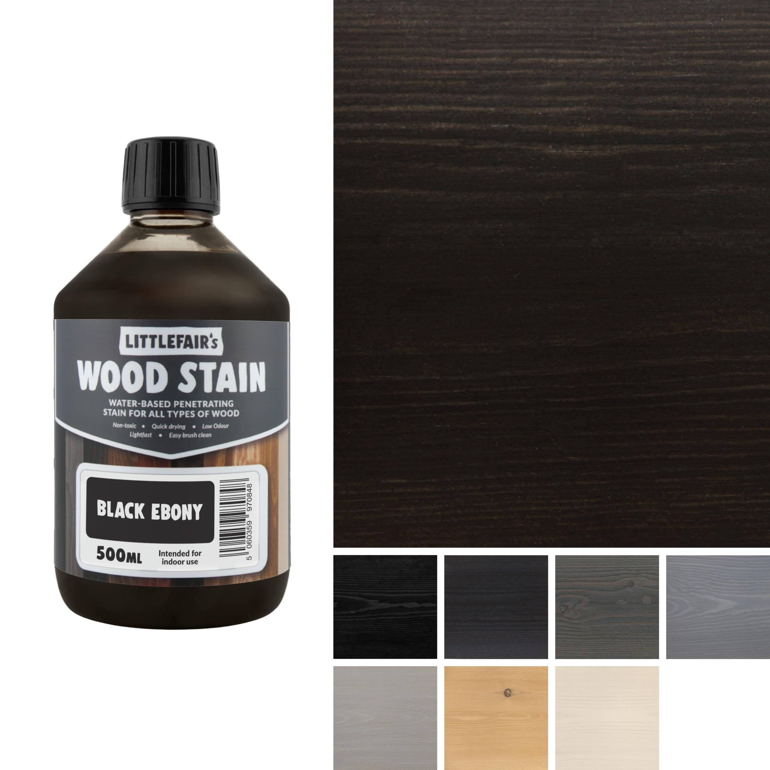 Littlefair's Wood Stain Water-Based - (Black Ebony) – Non-Toxic, Eco-Friendly & Quick Drying - Easy-to-Apply, Concentrated Formula for All Wood Types – 500ml