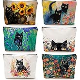 CHENGU 6 Pcs Cat Makeup Bag Black Cat Lover Gifts Cat Cosmetic Bags Funny Cool Black Cat Canvas Toiletry Bags with Zipper Portable Cat Mom Gifts Cat Owners Birthday Gifts For Teen Girls Women