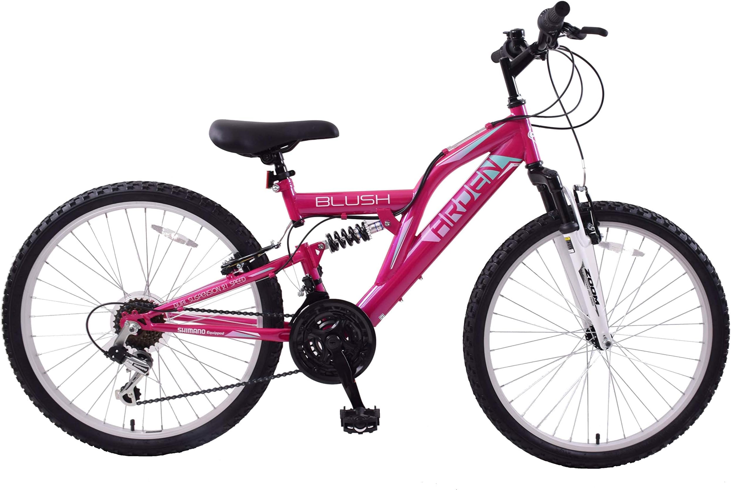 BLUSH 24" WHEEL GIRLS DUAL SUSPENSION MOUNTAIN BIKE 21 SPEED PINK FOR AGE 8+
