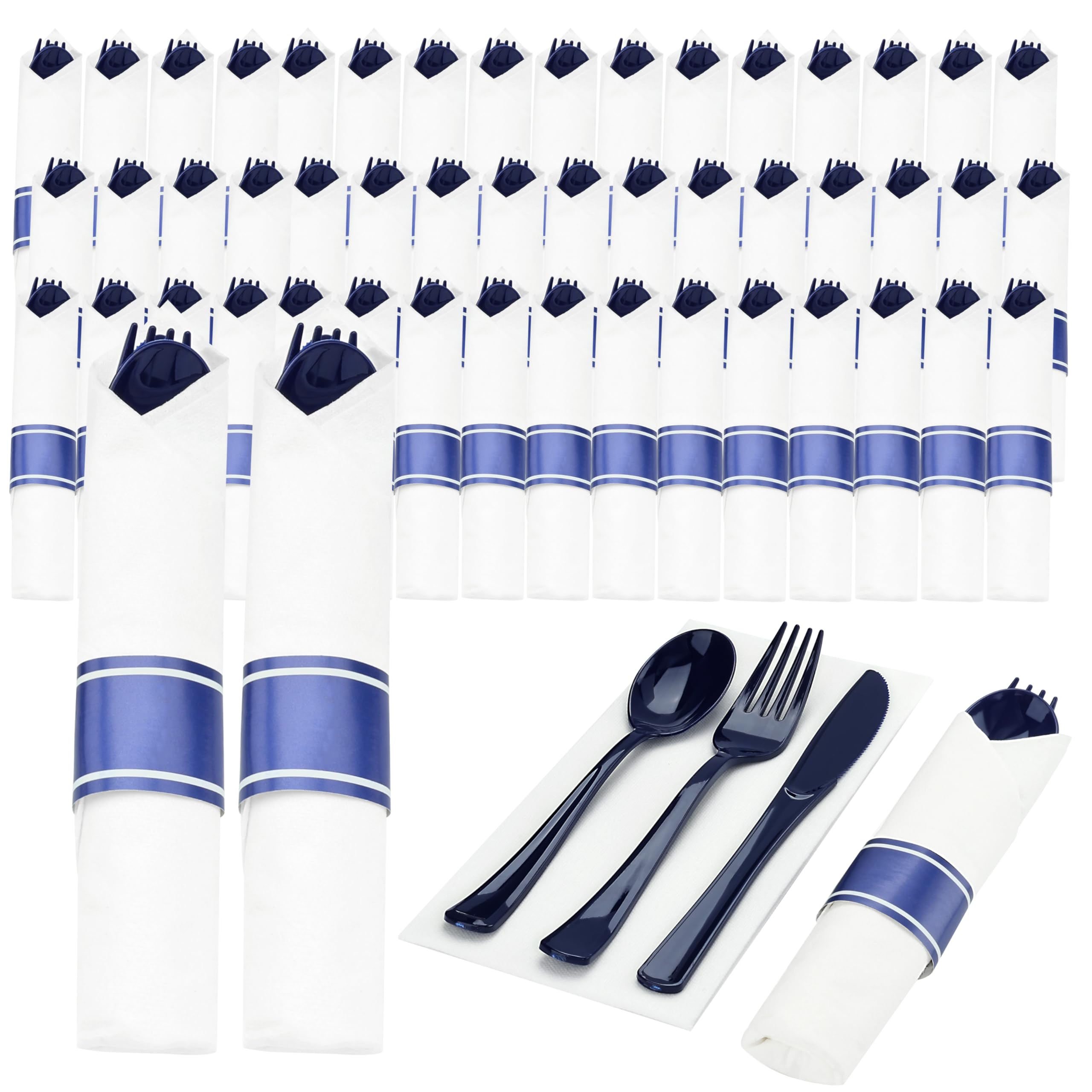 Photo 1 of Goodluck 50 Set Dark Blue Pre Rolled Plastic Cutlery Set, Wrapped Silverware Set with 50 Forks, 50 Knives, 50 Spoons and 50 Napkins, Perfect for Party, Wedding, Christmas