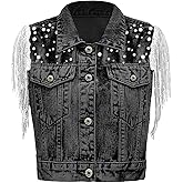 YEXPINE Women's Pearls Beading Denim Vest Sleeveless Sequin Fringe Tassel Jean Vest Western Cowgirl Outfit Tops