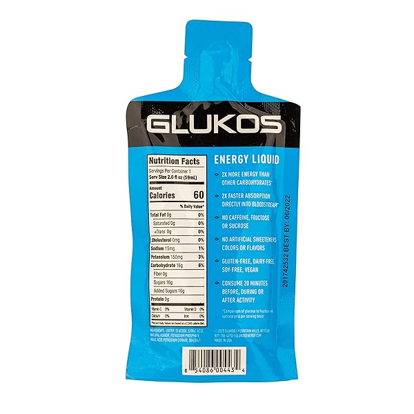 GLUKOS ENERGY GELS FOR RUNNERS 2OZ PACKETS, RUNNING GELS WITH ELECTROLYTES, TRAY OF 12 COUNT