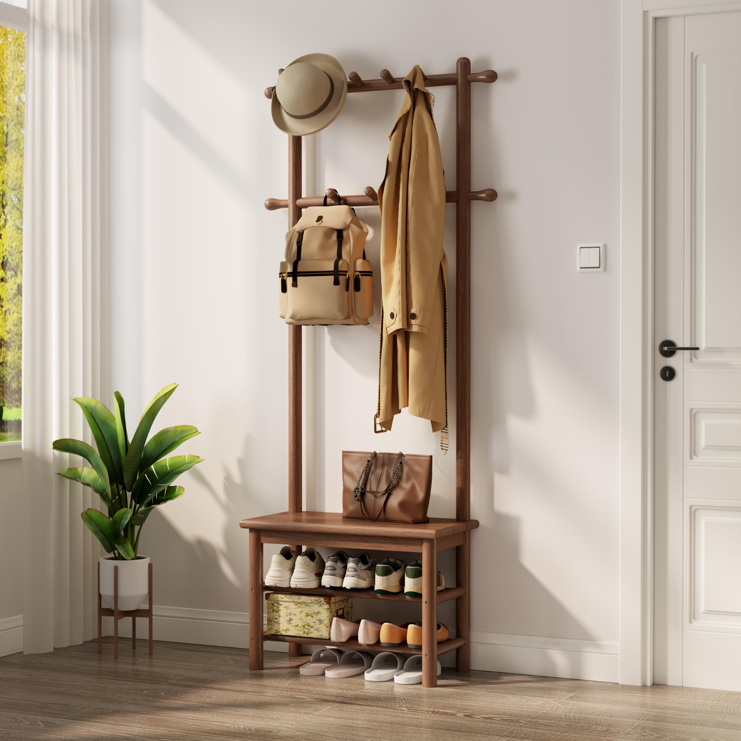 KASLANDI Narrow Hall Tree with Bench and Shoe Storage, Wooden Coat Rack ...