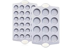 BRONYPRO Ceramic Muffin Pan, 12-Cup and 24-Cup Nonstick Aluminized Steel Mini Cupcake Pans, Healthy Non-Toxic Ceramic Coating Muffin Tin, 2 Pack Cup Cake Pans for Baking Beige